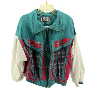 River Edge Sport Jacket‎ Teal Plaid Color Block Vintage 90s Full Zip Medium